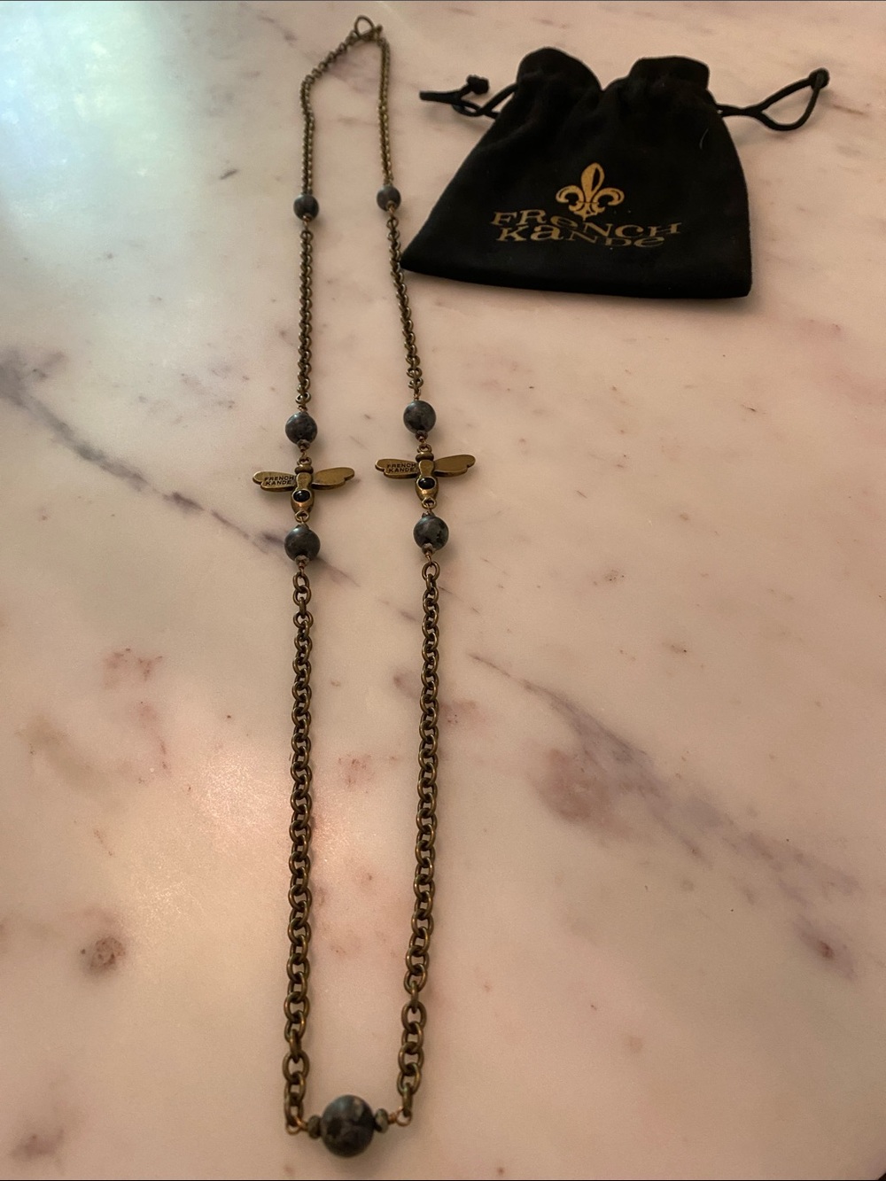 French Kande Brass Dragonfly Necklace with Black Beads